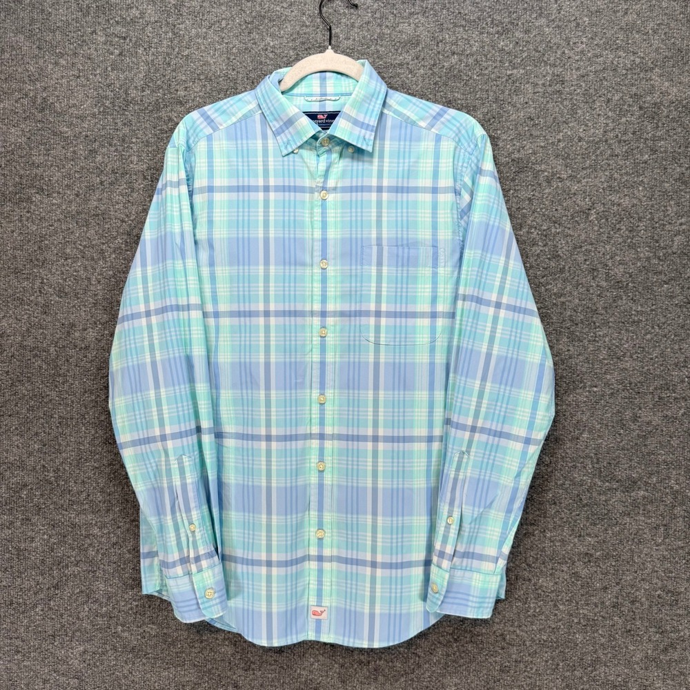 Vineyard Vines Performance Shirt Men Small Blue Plaid Murray Button Down Stretch